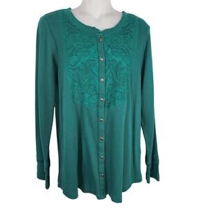 Susan Graver Weekend Waffle Knit Top Embroidery Harbor Green Size Medium A610407